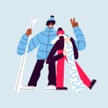 Happy skiers isolated. Woman and man in warm clothes with skis and snowboard. Smiling people in ski suits posing for a