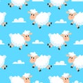 Happy sleeping sheeps fabric background. Dreamy woolly lamb or sheep cartoon seamless illustration