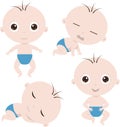 Happy, sleepy, angry and joyful baby boy in diaper. Set of 4 newborn poses