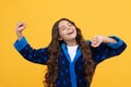 happy sleepy child girl enjoy morning in cozy bathrobe, lazy weekend