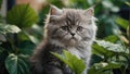 Happy sleepy tabby fluffy Persian little kitten sitting near green plants. The kitten looks at the camera.