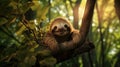 Happy sloth hanging on a tree branch in the jungle at sunset