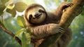 Happy sloth hanging on the tree. generative ai