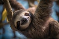 Happy Sloth hanging on a tree.