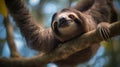 Happy Sloth hanging on a tree.