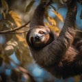 Happy Sloth hanging on a tree. Royalty Free Stock Photo