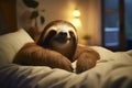 A happy sloth having rest in bed in a hotel, evening light, white bed sheets, totally relaxed sloth