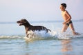 Little boy runs, plays with the hunting brown dog in the water. Happy childhood. Nice sunny summer day. Place of resort lake.