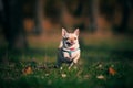 small chihuahua dog running across a cropped green lawn on a clear evening at sunset