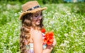 Happy small girl with beauty look wear sun hat on long curly blonde hair holding poppy flowers on natural sunny summer Royalty Free Stock Photo