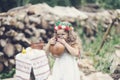 Happy small girl outdoor. Girl having fun in spring park. Blurred background in sunset Royalty Free Stock Photo