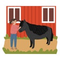 Happy small girl standing and petting black pony on farm