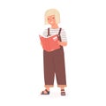 Happy smart girl standing and reading book. Smiling kid holding textbook and studying. Colored flat vector illustration