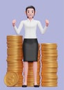 happy smart girl in white shirt and black skirt getting lots of piles of gold coins Royalty Free Stock Photo