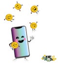 Happy smartphone cute kawaii cartoon character juggling happy golden coins, concept illustration of mobile payments.