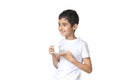 Happy smile boy with white cup in his hands. Teenager holding a cup of coffee. Child with milk or tea. White background.