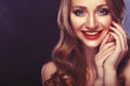 Happy smile! closeup portrait of smiling caucasian young woman model with glamour red lips, bright makeup Royalty Free Stock Photo