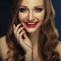 Happy smile! closeup portrait of smiling caucasian young woman model with glamour red lips, bright makeup. Royalty Free Stock Photo