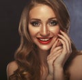 Happy smile! closeup portrait of smiling caucasian young woman model with glamour red lips, bright makeup. Royalty Free Stock Photo