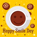 Happy smile coffee day concept background, flat style