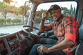 Happy Smile Confidence Young Man Truck Driver In Business Long transport. Royalty Free Stock Photo