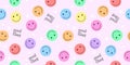 Happy smile faces seamless pattern in trendy funky y2k style. Colorful circle stickers, character icons endless Royalty Free Stock Photo