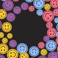 Happy smile faces seamless pattern in trendy funky y2k style. Colorful circle stickers, character icons endless Royalty Free Stock Photo
