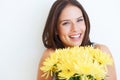 Happy, smile and flowers with portrait of woman and mockup for spring, celebration and gift. Floral, summer and beauty