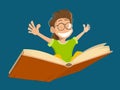 Happy smile kid boy child flying big book glasses Royalty Free Stock Photo