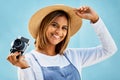 Happy, smile and photographer with portrait of woman and camera for creative, retro and shooting photos. Fashion