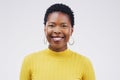 Happy, smile and portrait of a black woman with a headshot isolated on a white background in a studio. Happiness