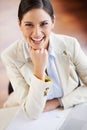 Happy, smile and portrait of business woman in office with confidence working on a legal case. Pride, professional and Royalty Free Stock Photo