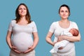 Happy smile on pregnant woman before giving birth with a belly and after with a baby in her arms, studio shot on a blue background Royalty Free Stock Photo