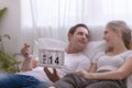 Happy smile young caucasian couple or lover in bed Happy smile young caucasian couple or lover in bed together. Man and woman hold Royalty Free Stock Photo