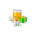 Happy smiley beer can cartoon mascot design with a gift box