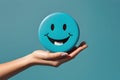 happy smiley face, Hands holding blue happy smile face, satisfaction, survey, smiley mental health, child wellness, Generative AI