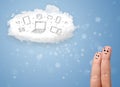 Happy smiley fingers looking at cloud computing with technology Royalty Free Stock Photo