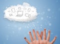 Happy smiley fingers looking at cloud computing with technology Royalty Free Stock Photo