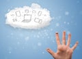 Happy smiley fingers looking at cloud computing with technology Royalty Free Stock Photo