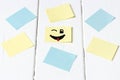 Happy smilies and empty office stickers on white background, mockup, copy space