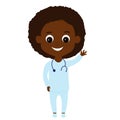 Happy smiling doctor girl waving friendly. Character in a children\'s style for illustrations of medical stands,