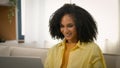 Happy smiling African American woman business girl ethnic female businesswoman working from home remote job computer Royalty Free Stock Photo