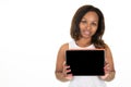 Happy smiling african black american young woman cheerful showing blank empty tablet computer screen aside copy space Royalty Free Stock Photo