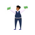 Happy smiling afro-american employee holding cash in two hands turned to viewer