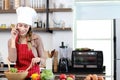 Happy smiling Asian beautiful woman wear apron and chef hat, talking on mobile phone during prepare fresh vegetables salad at Royalty Free Stock Photo