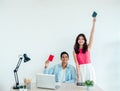 Happy smiling Asian couple, young man and woman holding passport and flight tickets after booking online success for summer. Royalty Free Stock Photo