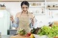 Happy smiling asian housewife in apron cooking salad in kitchen. woman healthy cooking concept Royalty Free Stock Photo