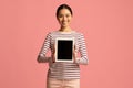 Happy Smiling Asian Lady Holding Digital Tablet With Black Blank Screen Royalty Free Stock Photo