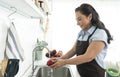 Happy smiling asian older woman in apron washing the apple in kitchen. housewife cooking concept