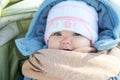 Happy smiling baby portrait in warm clothes in coat. Winter weather overall Royalty Free Stock Photo